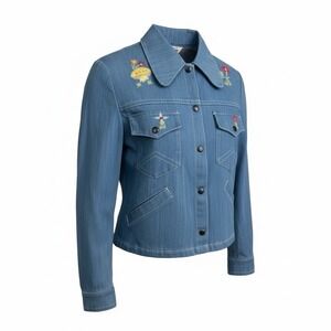Vintage 70s Hippy Denim Snap Shacket Womens Embroidered Flowers Western Boho L
